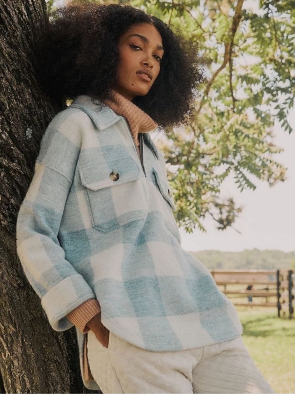 Madewell boiled wool gray cream plaid half-zip shacket pullover jacket sweater